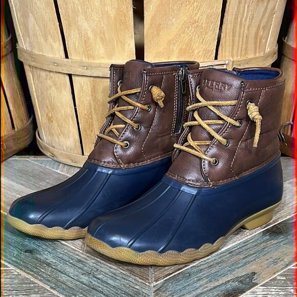 Sperry Saltwater Navy Brown Leather Rubber Waterproof Duck Boots Girls Size 5 - Picture 3 of 12